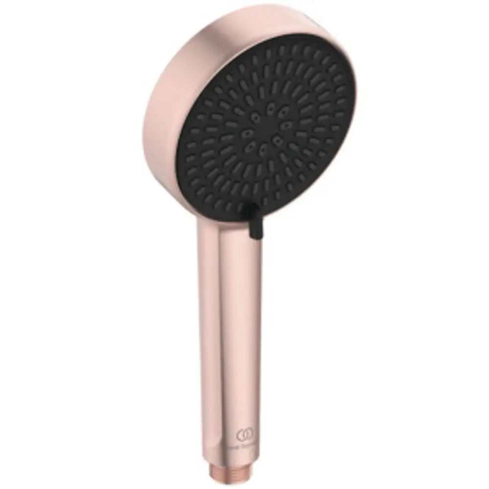 Handbrause in Rosé von Ideal Standard, rundes Kopfteil mit schwarzer Gummierung und Wasserstrahl-Einstellfunktion, schmaler Griff für die Handhabung.
